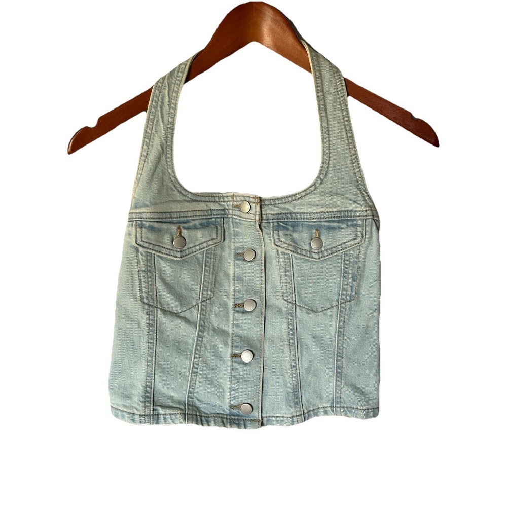 Women's XS Light Denim Button Down Halter Vest Festival Country Western Chic - Picture 1 of 5